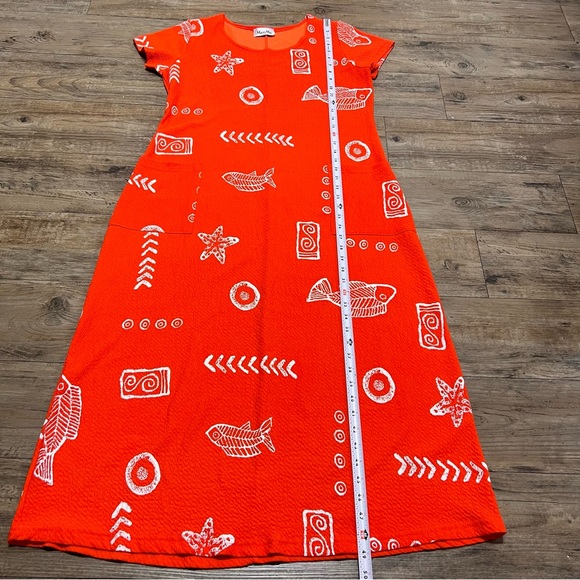 MAXIMA Orange Fish Print Long Beach Summer Shift Dress Cotton Cover up w Pockets - Picture 8 of 10